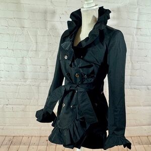 Moda Inter Black Ruffle Trench Coat Jacket Double Breasted 4 6 S